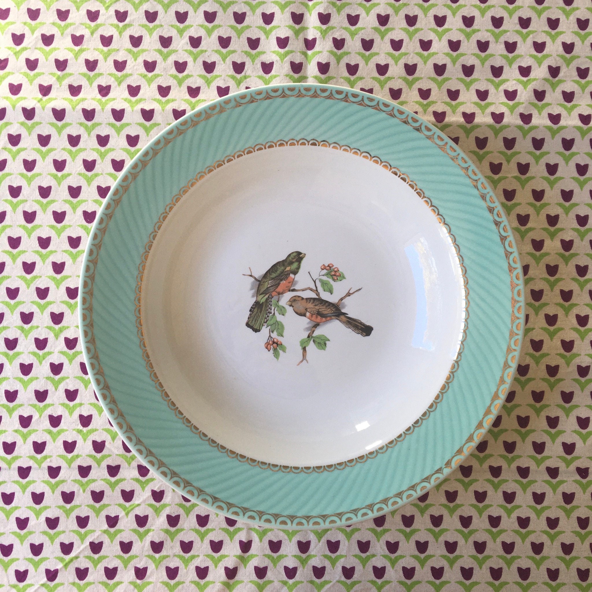 Plat de Service Vintage Motif Oiseaux Mint et Or