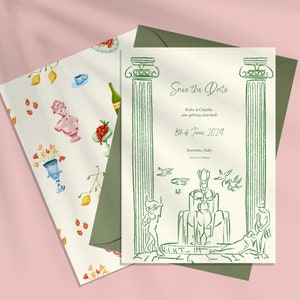 SAVE THE DATE, Europäische Hochzeit, Italien, Bestimmungsort, Hand gezeichnete Illustration, Weißer Lotus inspiriert, minimal, Farbe, gemalt, 003