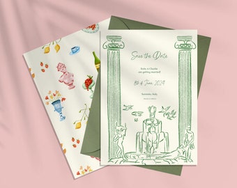 SAVE THE DATE, Europäische Hochzeit, Italien, Bestimmungsort, Hand gezeichnete Illustration, Weißer Lotus inspiriert, minimal, Farbe, gemalt, 003