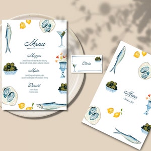 MENU & PLACE CARD Template | Mediterranean Dinner Party | Wedding | Party | Hand Drawn | Illustrated | Custom | 008