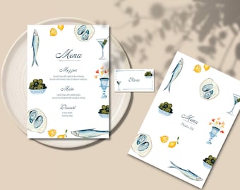 MENÜ & TISCHKARTE Vorlage | Mediterranes Dinner Party | Hochzeit | Party | Handgezeichnet | Illustriert | Individuell | 008