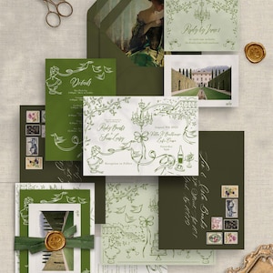 May include: A wedding invitation suite with a green and white color scheme. The invitation features a hand-drawn illustration of a villa, birds, and a chandelier. The RSVP card includes the text "Reply by June 1st" and the website address "theknot.com/rubyandsam".