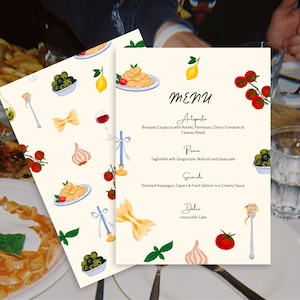 MENU, Italienisches Abendessen, Pasta, Handgezeichnete Illustration, Von Carbone inspiriert, Gemalt, Europäische Hochzeit, Italien, Urlaubsziel, Sommer, 004