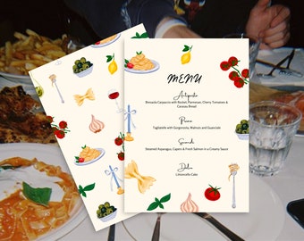 MENU, Italienisches Abendessen, Pasta, Handgezeichnete Illustration, Von Carbone inspiriert, Gemalt, Europäische Hochzeit, Italien, Urlaubsziel, Sommer, 004