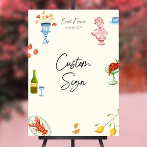 CUSTOM SIGN, Italian Mediterranean Dinner Party, Wedding Reception, White Lotus Themed, Hand Drawn Illustration, Whimsical Beach
