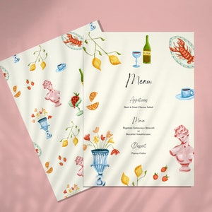 MENU, Etentje, Europese bruiloft, Italië, Italië, Bestemming, Handgetekende illustratie, Geïnspireerd door witte lotus, Minimale, Kleur, Geschilderd, Bestemming, 003