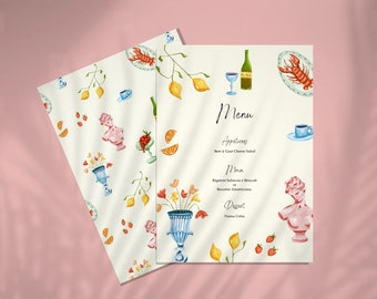 MENU, Dinner party, European Wedding, Italy, Destination, Hand drawn Illustration, White Lotus Inspired, Minimal, Color, Painted, 003