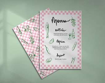 MENU Cottage Kern Ästhetik Dinner-Party, Sommer, Karo, Picknick, Handgezeichnete Illustration, Farbe, Griechisch, Italienisch, Fische und Früchte, Design, 005