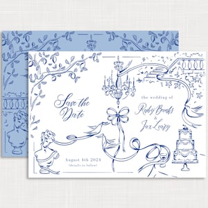 SAVE THE DATE faire invitation de mariage en toile, inspiration Bridgerton, garden-party, thé de l&#39;après-midi, prix et préjugés, illustration dessinée à la main, bleu, 001