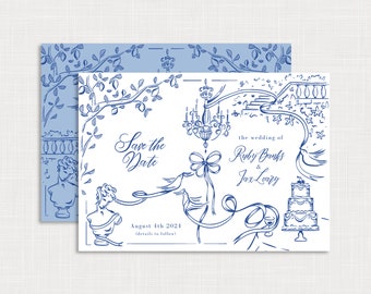 SAVE THE DATE Toile Wedding Invite, Bridgerton Inspired, Garden Party, Afternoon Tea, Price & Prejudice, Hand Drawn Illustration, Blue, 001
