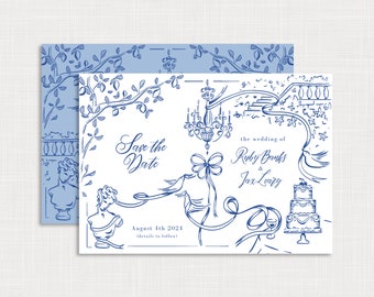 SAVE THE DATE Toile Wedding Invite, Bridgerton Inspired, Garden Party, Afternoon Tea, Price & Prejudice, Hand Drawn Illustration, Blue