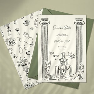 SALVA LA DATA, Matrimonio europeo, Italia, Destinazione, Illustrazione disegnata a mano, Ispirato al loto bianco, Minimal