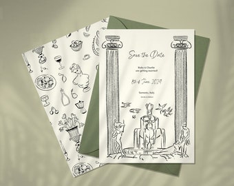 SAVE THE DATE, Europäische Hochzeit, Italien, Bestimmungsort, Hand gezeichnete Illustration, weißer Lotus inspiriert, Minimal