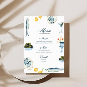 MENU Template / Cena Mediterranea / Matrimonio / Festa / Disegnato a mano / Illustrato / Personalizzato / 008