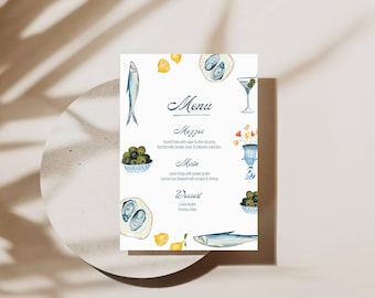 MENU Vorlage | Mediterranes Dinner Party | Hochzeit | Party | Handgezeichnet | Illustriert | Individuell | 008
