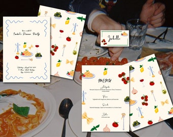 DINNER PARTY BUNDLE Vorlage | Menü | Tischkarten | Einladung | Italienische Pasta-Dinner-Party | Hochzeit | Party | Handgezeichnet | 004