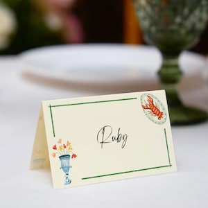 CARTÕES DE LUGAR DE MESA, Jantar Italiano Mediterrâneo, Recepção de Casamento, Tema Lótus Branco, Ilustração Desenhada à Mão, Praia Fantástica, 003