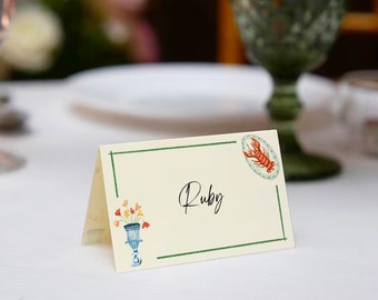 TARJETAS DE LUGAR DE MESA, Cena mediterránea italiana, Recepción de bodas, Temática de loto blanco, Ilustración dibujada a mano, Playa caprichosa