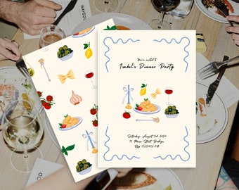 PARTY-EINLADUNGEN, italienische Pasta Vibe, Geburtstags-Jubiläums-Dinner-Party, Hand gezeichnete Illustration, Rom, Italien, NYC, 004