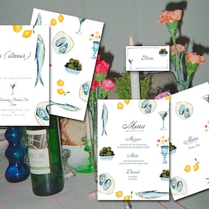 BUNDLE CENA PARTY Modello / Menu / Segnaposto / Invito / Cena Mediterranea / Matrimonio / Festa / Disegnato a mano / Illustrato