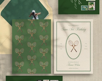 Vintage Tennis Party Einladen-Gewand. Wimbledon, A24, Challenger-inspirierte bearbeitbare Vorlage, Retro Sports Geburtstags- / Ereigniseinladung, 009