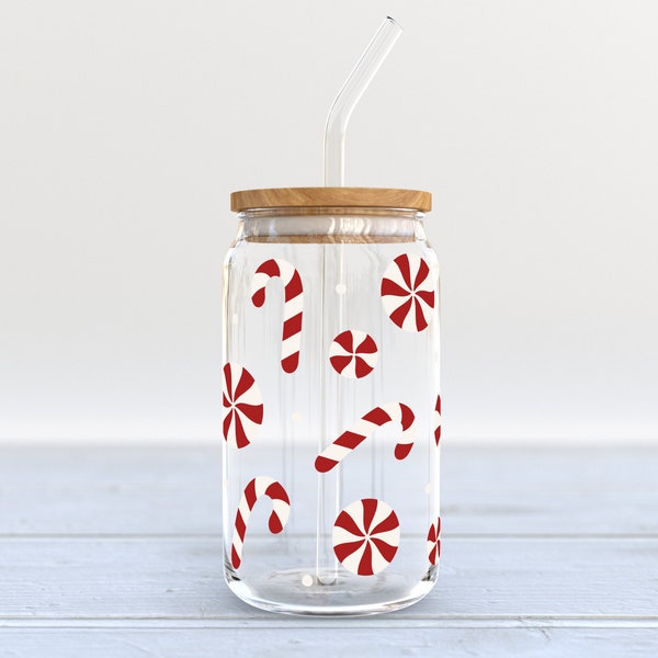 Peppermint Candy Beer Can Glass, Christmas Candy Cup, Holiday Candy Cane Coffee Cup