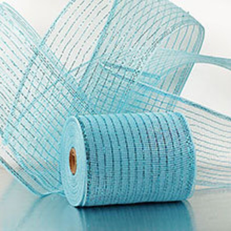 Light Blue Metallic Thread 6 Deco Mesh Ribbons