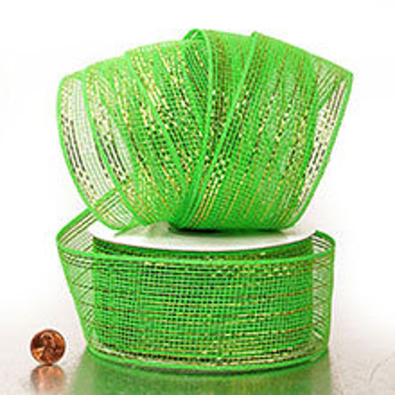 GreenGold Metallic Thread 2 12 Deco Mesh Ribbon