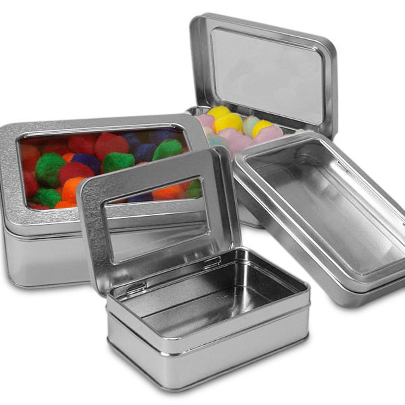 PICK YOUR SIZE Windowed Hinged Square /& Rectangular Tin Cans