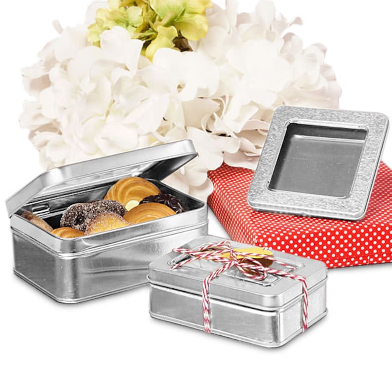 PICK YOUR SIZE Windowed Hinged Square /& Rectangular Tin Cans