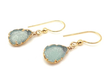 Blue Agate Druzy Earrings Gold Dipped Druzy Teardrop Earrings Small Drusey Earrings Ocean Agate Druzy Heart Druzy Goldfill