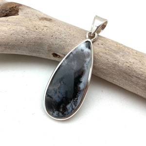 Dendrite Opal Pendant / Dendritic Opal Silver Pendant 35mm / Dendrite Agate Smooth Teardrop / Dendritic Opal Black and White / Sterling 925