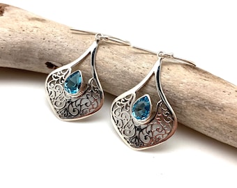 Blue Topaz Silver Earrings 30mm / Sky Blue Topaz Filigree Bali Earrings / Aquamarine / Blue Topaz Teardrop / Sterling Silver