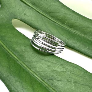 May include: A silver ring with multiple bands stacked on top of each other. The ring is on a green leaf.