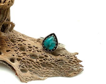 May include: A silver ring with a teardrop-shaped turquoise stone. The ring is set against a textured, light brown, dried plant stem, with a white background.