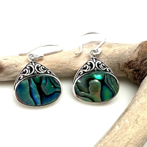 Abalone Silver Earrings / Silver Avalone Shell Bali Earrings / Modern Simple Abalone / Sterling Silver
