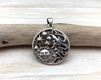 Moon and Sun Silver Pendant / Moon Sun Mandala Circle Pendant / Stars Moon Sun Medallion / Celestial Pendant / 925 Silver Oxidized