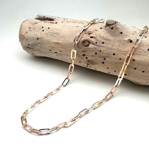 Mix Metal Staple 5mm Chain 18 inches / 925 Sterling / Gold, Silver, Rose Gold Link Medium weight Chain / Tri Color Necklace / 925 Sterling