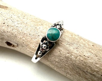 Bague Vintage Forme Fleur - Argent 925 & Verre Bleu Turquoise - Taille 53 - Occasion
