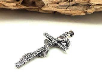 Sterling Silver Snake Cross Pendant, Oxidized Serpent, Gothic