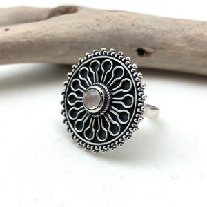 Silver Flower of Life Mandala Ring // Silver Moonstone Mandala Daisy Ring 6, 7, 10 // Meditation //  925 Sterling
