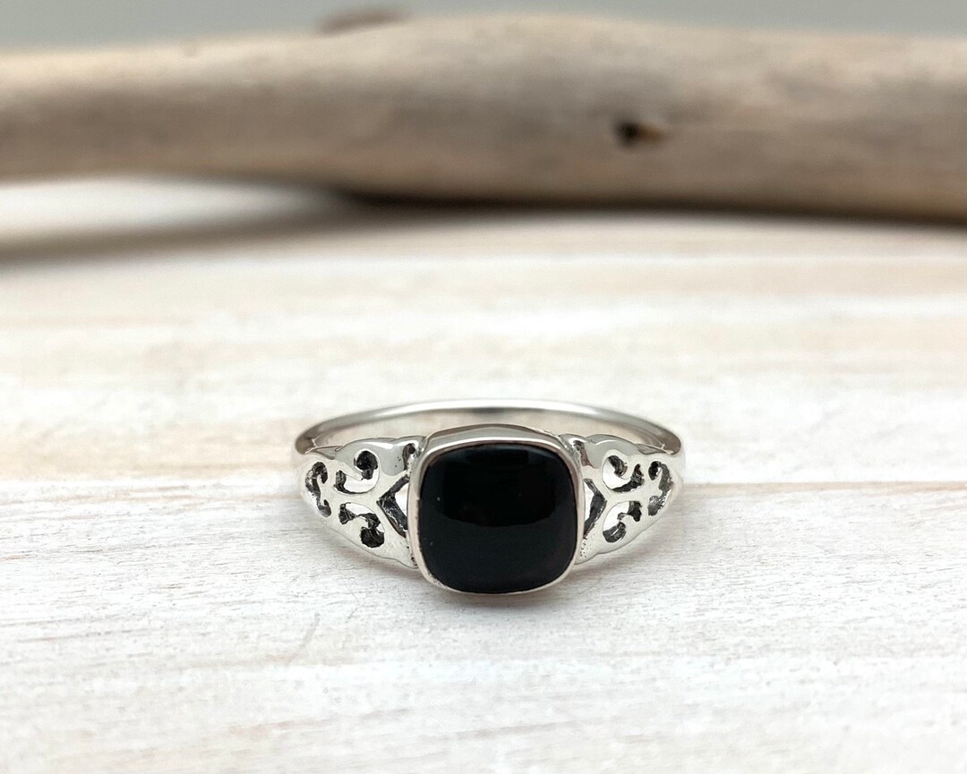 アクセサリー Vintage Silver Square Onxy Ring 925 Black Onyx Square Ring, 925 Sterling, Filigree Signet, Gift for