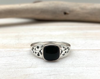Sterling Silver Black Onyx Ring, Small Square Stone, Lightweight