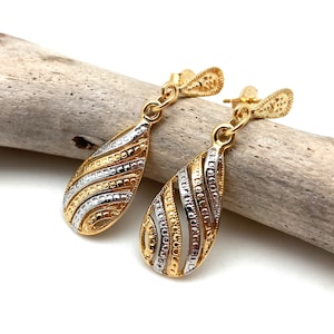 Gold Silver Earrings - Gold Fill Two Tone Dangly Post 40mm - Vintage Inspired - Hypoallergenic - Tarnish Free