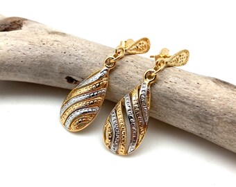 Boucles d'oreilles en or et argent - tige pendante bicolore de remplissage d'or 40 mm - d'inspiration vintage - hypoallergénique - sans ternissement