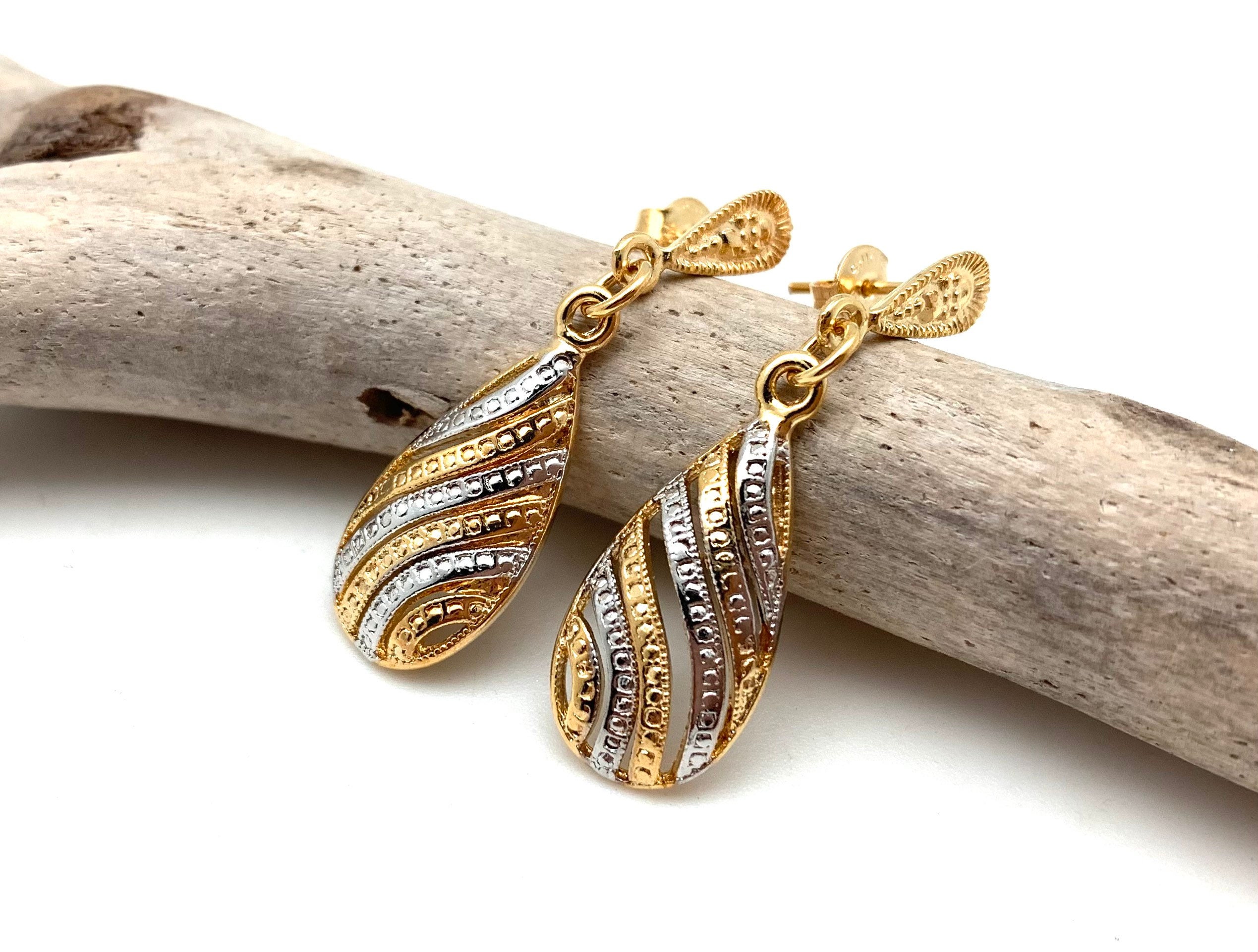 Gold Silver Earrings - Gold Fill Two Tone Dangly Post 40mm