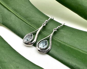Blue Topaz Silver Earrings 20mm / Blue Topaz Art Deco Earrings / Bali Silver / Aquamarine / Blue Topaz Teardrop / Sterling Silver