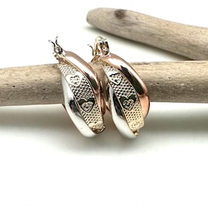Tricolor Small Hoop Earrings H- Gold Fill Two Tone Hoops - Patterned Gold Hoops - Everyday Hoops - Best Selling - Rose Gold, Gold and Silver