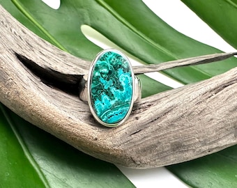 Chrysocolla Turquoise Makachite Ring size 8 / 22mm / Blue Green Natural Stone Ring / Sterling 925