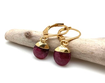 Ruby Gold Earrings / Little Ruby Dangly Earrings / Natural Ruby / Faceted Ruby / July Birthstone / Cherry Pink Ruby